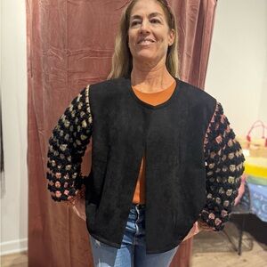 Suede Black Jacket with Multicolor Crochet Sleeves